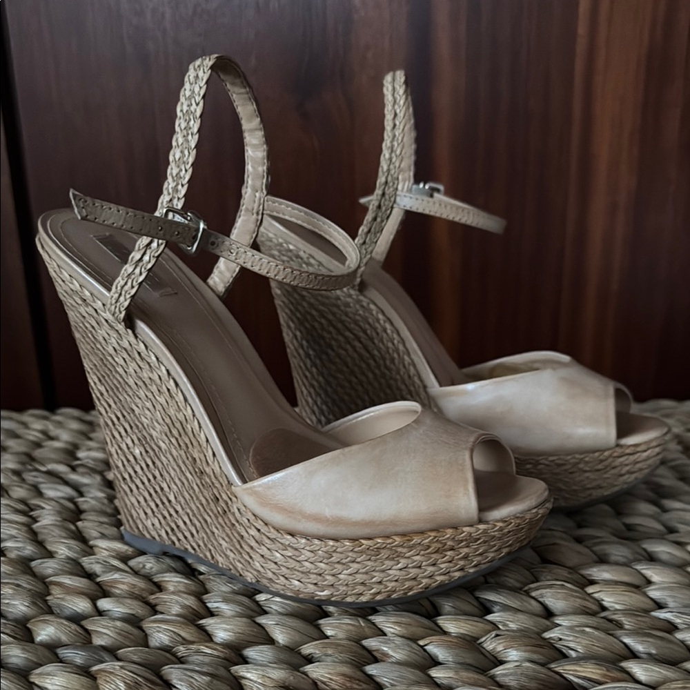 Schutz Leather and rope Nude/ Tan Wedge Sandals